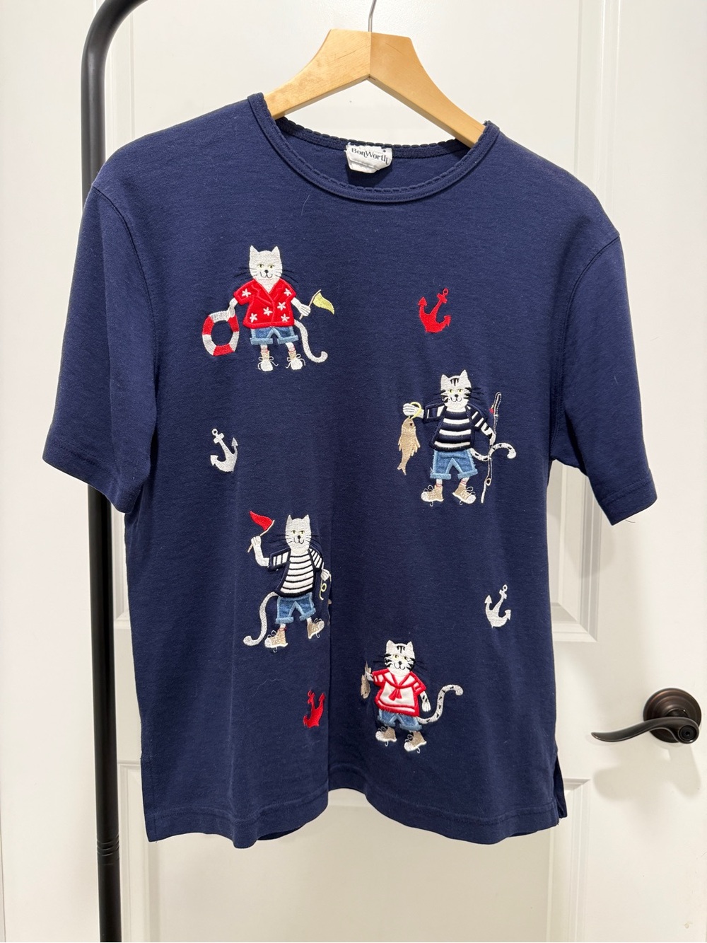 Vintage BonWorth Coastal Cats Navy Blue Shirt Women’s Large Cottagecore Retro